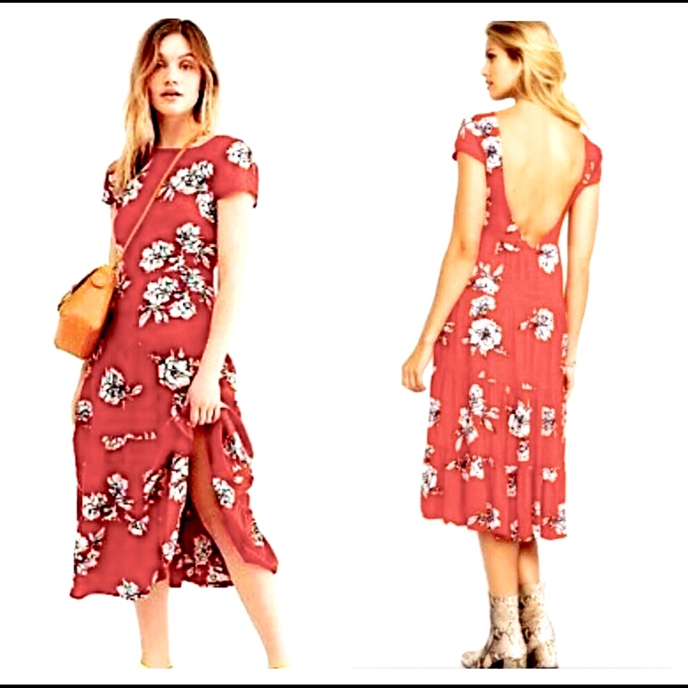 NWOT Free People summer midi dress with black and white roses on red print!